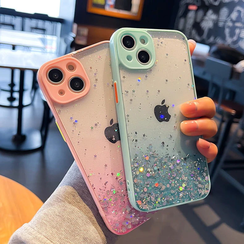 Gradient Bling Glitter Sequins Clear Phone Case For iPhone 16 15 14 Plus 11 12 13 Pro Max XS X XR Shockproof Transparent Cover