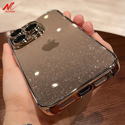 Luxury Glitter Transparent  PC Plating Case for iPhone 17 16 15 14 Pro Max Plus 13 11 12 Bling Clear Shockproof Ultra Slim Cover