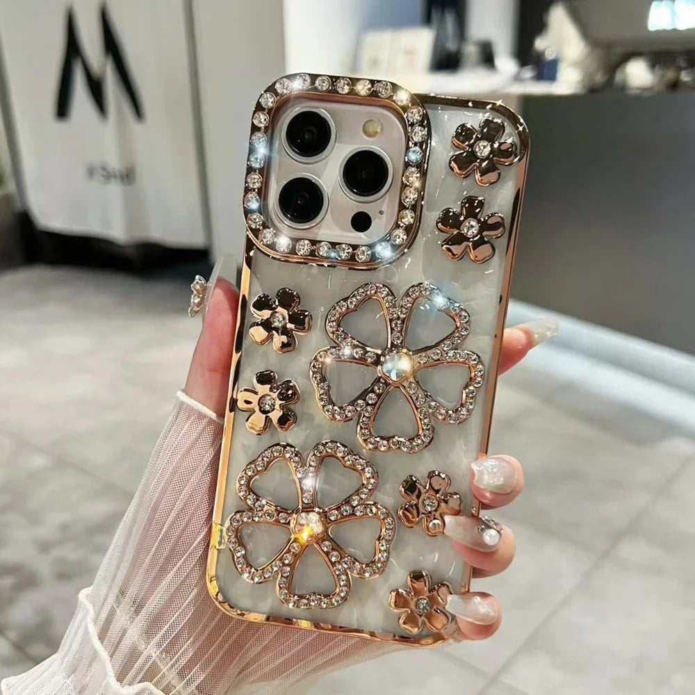Glitter Diamond Flower Plating Case for iPhone 16 15 14 Pro Max 12 13 11 X Xr Xs 7 8 Plus Bling Rhinestone Soft TPU Clear Cover
