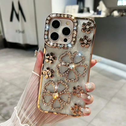 Glitter Diamond Flower Plating Case for iPhone 16 15 14 Pro Max 12 13 11 X Xr Xs 7 8 Plus Bling Rhinestone Soft TPU Clear Cover
