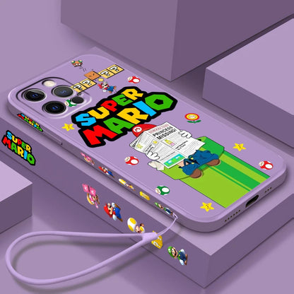 S-Super M-Marios B-Bros Cute Liquid Left Rope For Apple iPhone 15 14 13 12 11 XS XR X 8 7 SE Pro Max Plus Mini Funda Phone Case