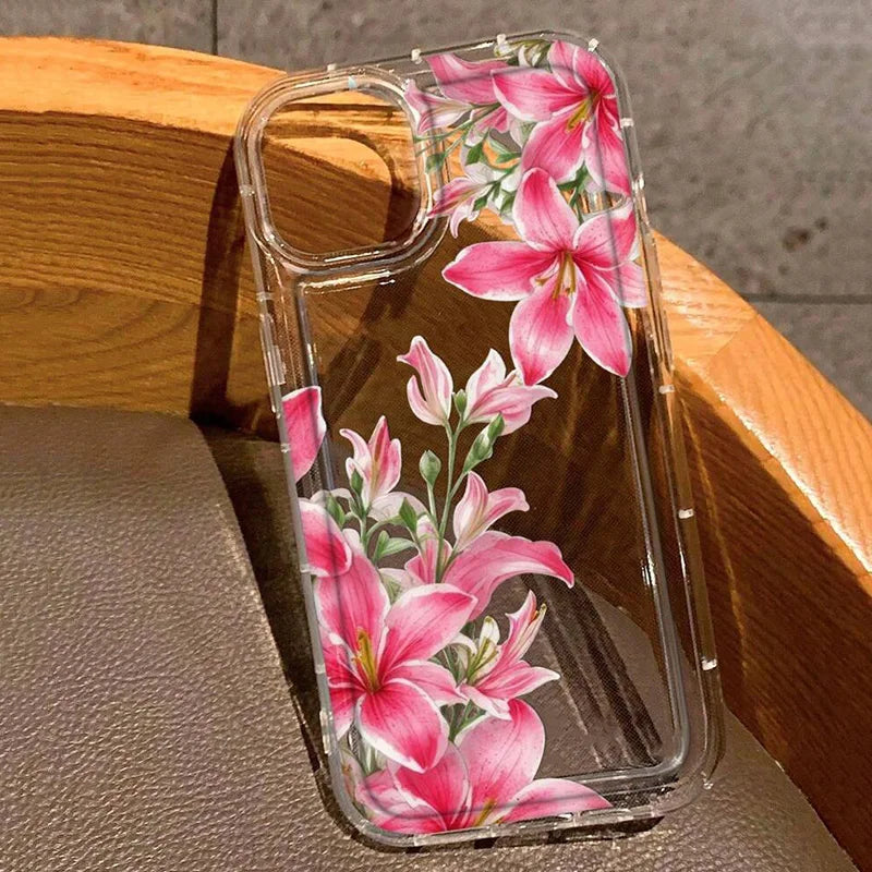 Cherry Flower Print Clear Case For iPhone 16 15 14 13 Pro Max 11 12 Mini X XR XS Max 7 8 Plus SE2 Stylish Shockproof Soft Cover