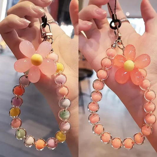 Colored bead petal Lanyard for IPhone Anti-Lost Bracelet for Samsung Mobile Phone Wrist Strap Car Keychain Cute Phone Charm
