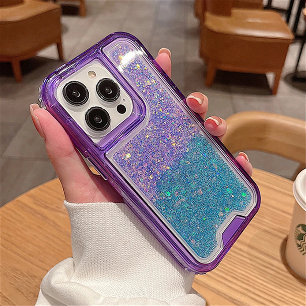 3in1 Gradient Glitter Bling Transparent Phone Case For iPhone 17 16 15 14 11 12 13 Pro Max Plus XR Heavy Shockproof Armor Cover