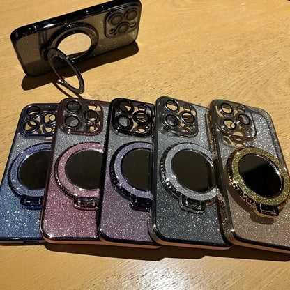 for Magsafe Glitter Mirror Gradient Case for iPhone 15 14 13 11 12 16 17 Pro Max Air Xr Xs 16 Plus Bracket Stand Make Up Cover