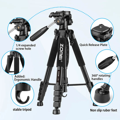 Zomei Q188 188cm Professional photography accessories video camera DSLR tripod for phone with phone holder