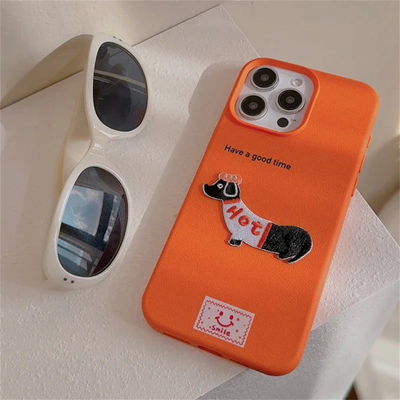 Korean Cute Cartoon Dachshund Litchi Pattern Phone Case For iPhone 15 14 13 12 16 Pro Max 11 Lovely Shockproof Soft Cover Funda