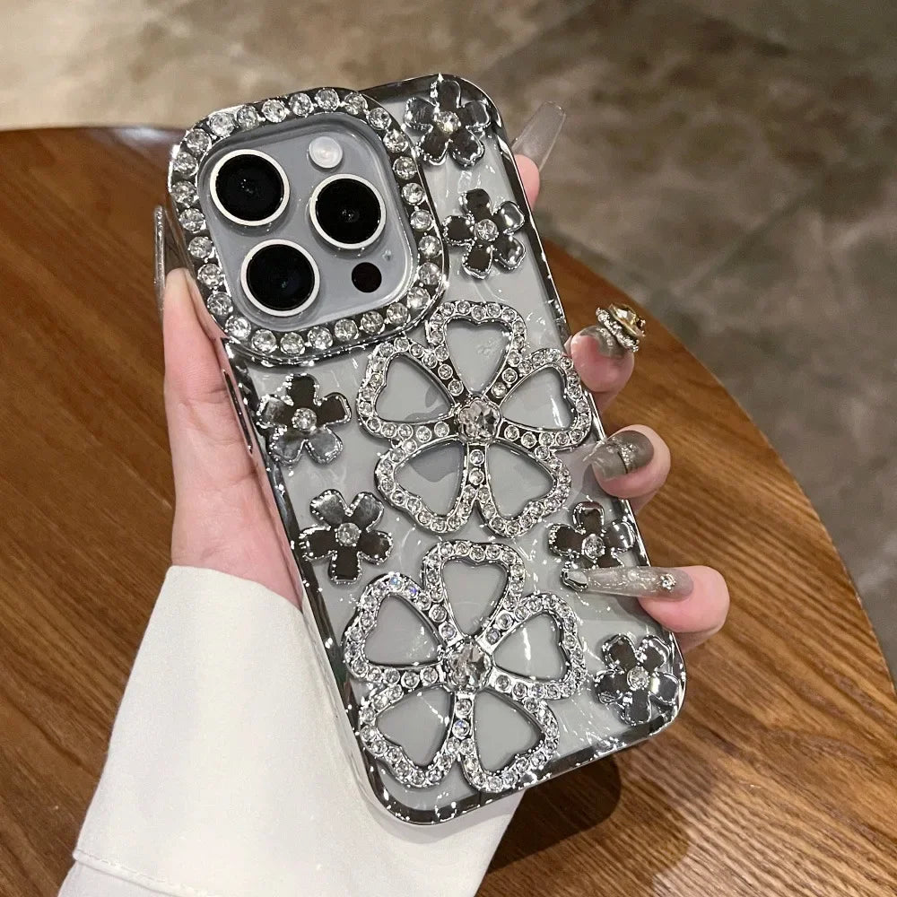 Glitter Diamond Flower Plating Case for iPhone 16 15 14 Pro Max 12 13 11 X Xr Xs 7 8 Plus Bling Rhinestone Soft TPU Clear Cover