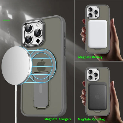 Luxury For Magsafe Folding Stand Magnetic Phone Case For iPhone 16 15 14 13 12 17 Pro Max Plus Matte Translucent Back Cover Caps