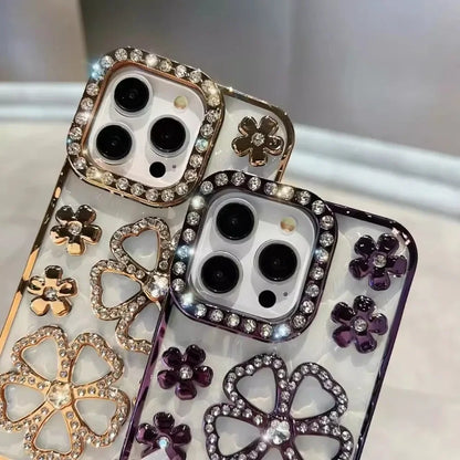 Glitter Diamond Flower Plating Case for iPhone 16 15 14 Pro Max 12 13 11 X Xr Xs 7 8 Plus Bling Rhinestone Soft TPU Clear Cover