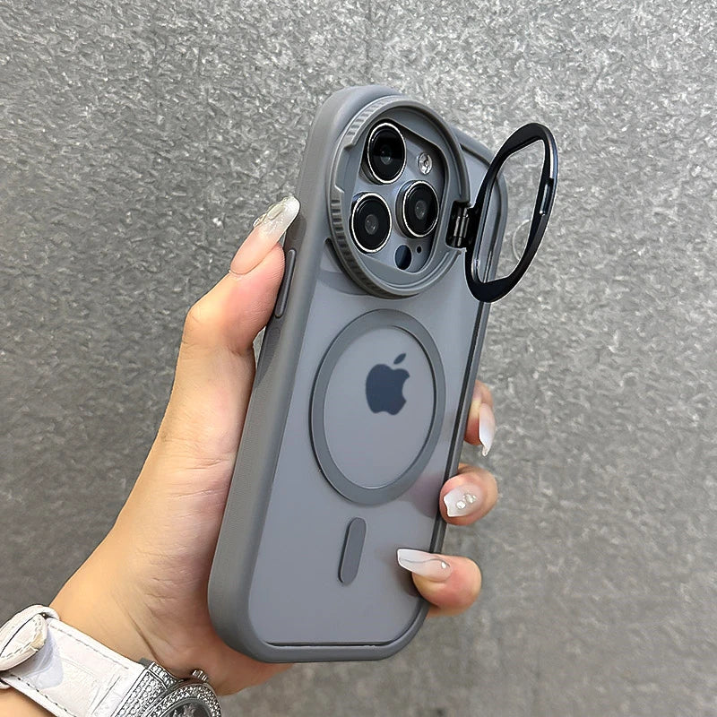 Fold Glass Lens Stand Magnetic Transparent Case For iPhone 17 16 15 14 13 12 11 Pro Max For Magsafe Wrist Strap Shockproof Cover