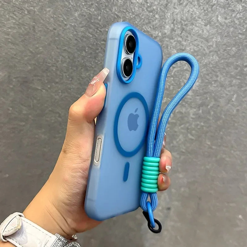for Magsafe Candy Color Contrast Lanyard Case for iPhone 16 15 17 Pro Max 14 Plus 11 12 13 16e Hand Wrist Strap Matte Soft Cover