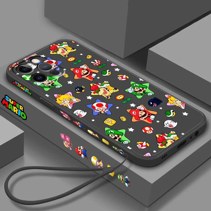 S-Super M-Marios B-Bros Cute Liquid Left Rope For Apple iPhone 15 14 13 12 11 XS XR X 8 7 SE Pro Max Plus Mini Funda Phone Case