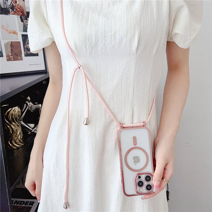Luxury Necklace Cord Rope Lanyard Plating Magnetic Clear Phone Case For iPhone 16 14 11 12 13 15 17 Pro Max For Magsafe Cover