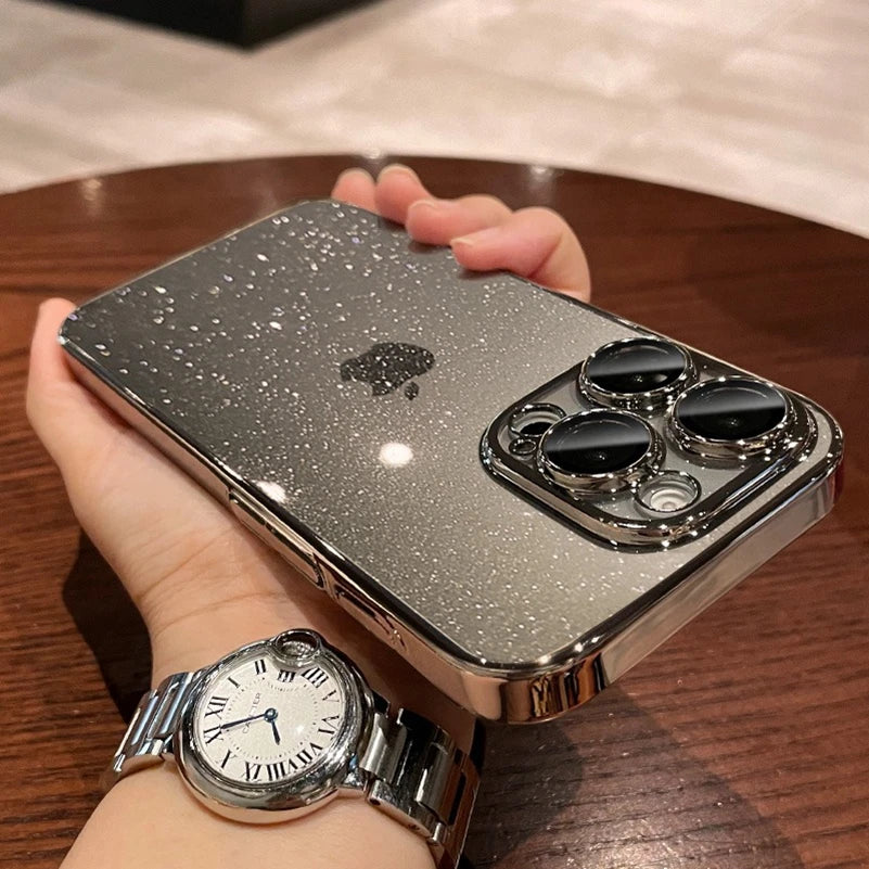 Luxury Glitter Transparent  PC Plating Case for iPhone 17 16 15 14 Pro Max Plus 13 11 12 Bling Clear Shockproof Ultra Slim Cover