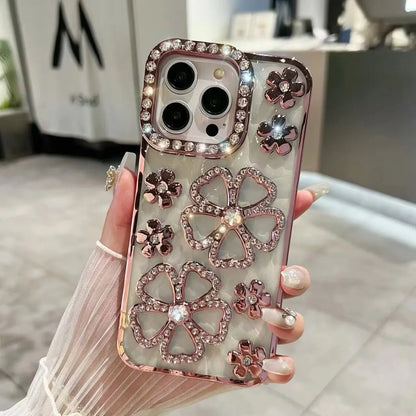 Glitter Diamond Flower Plating Case for iPhone 16 15 14 Pro Max 12 13 11 X Xr Xs 7 8 Plus Bling Rhinestone Soft TPU Clear Cover