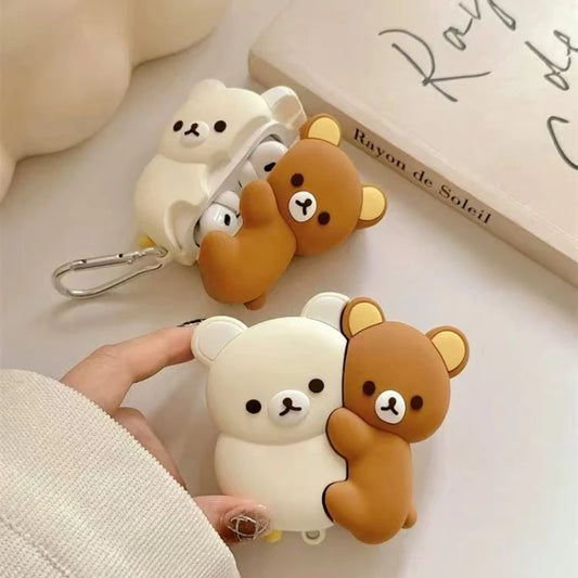 For AirPods 4 3 2 1 Pro Pro2 Earphone Case 3D Rilakkuma Hug Bear Silicone Cartoon Headphone Box With Pendant Cute Cover