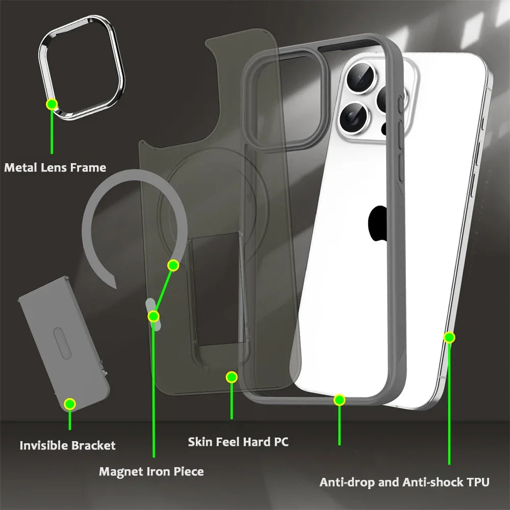 Luxury For Magsafe Folding Stand Magnetic Phone Case For iPhone 16 15 14 13 12 17 Pro Max Plus Matte Translucent Back Cover Caps