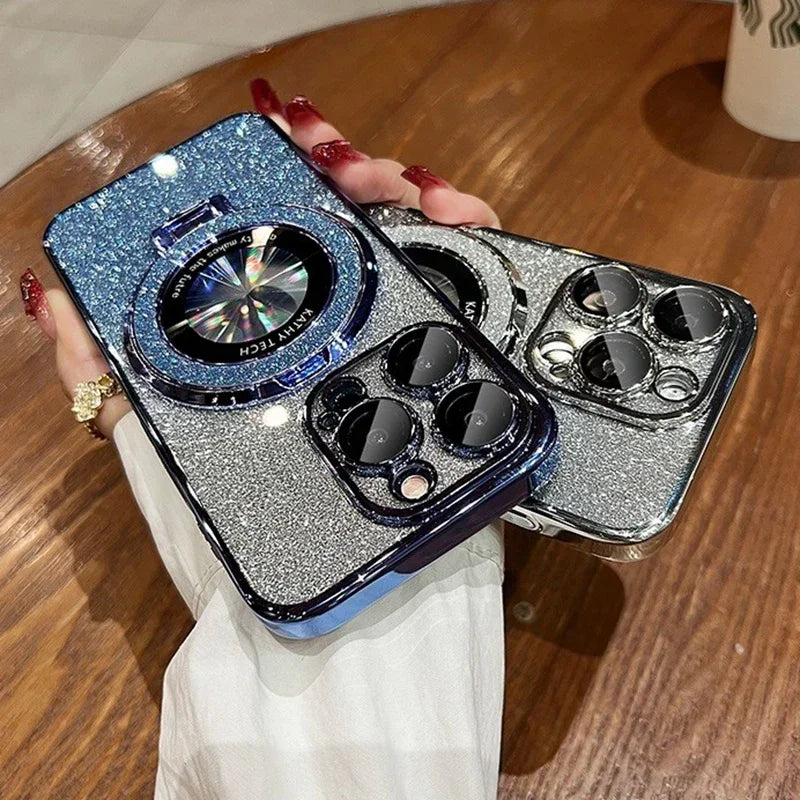 Glitter for Magsafe Bracket Case for iPhone 15 14 13 12 16 17 Pro Max 17 Air 11 16 Plus Magnetic Stand Holder Gradient Cover