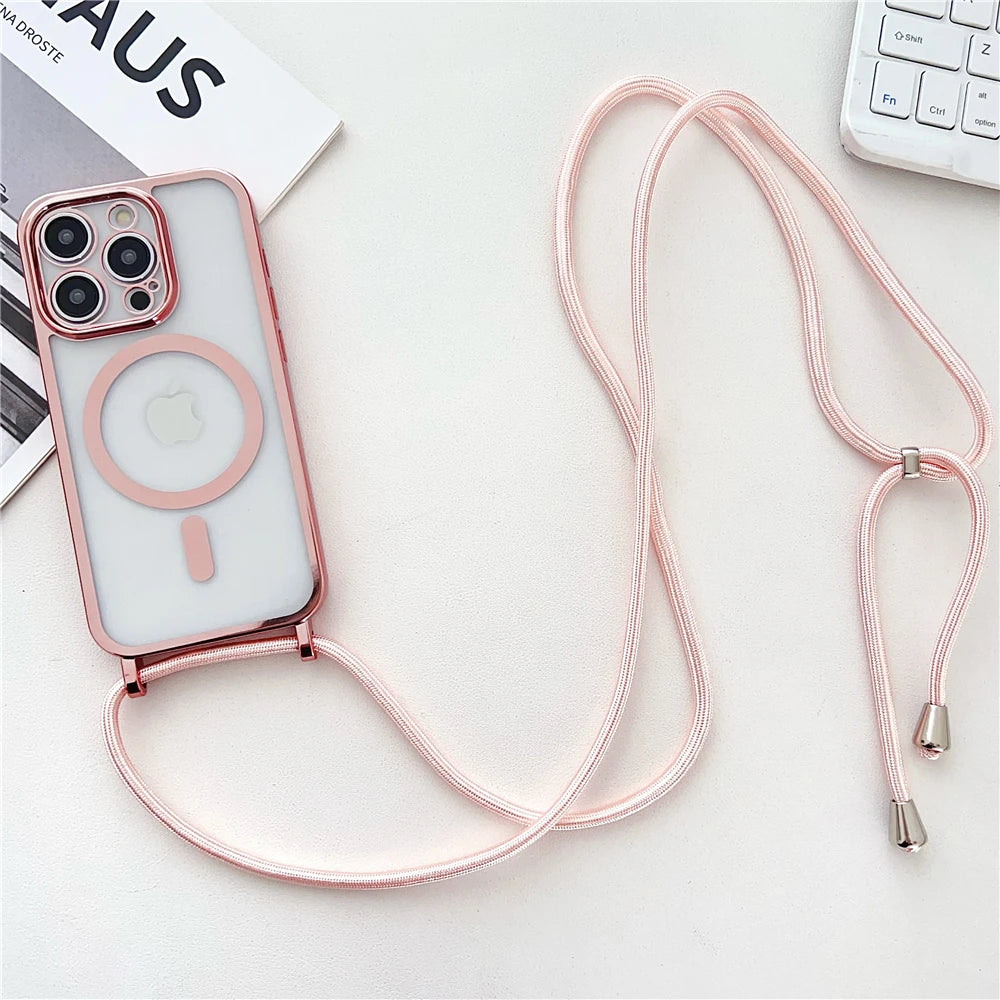Luxury Necklace Cord Rope Lanyard Plating Magnetic Clear Phone Case For iPhone 16 14 11 12 13 15 17 Pro Max For Magsafe Cover