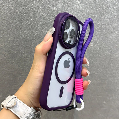 Fold Glass Lens Stand Magnetic Transparent Case For iPhone 17 16 15 14 13 12 11 Pro Max For Magsafe Wrist Strap Shockproof Cover