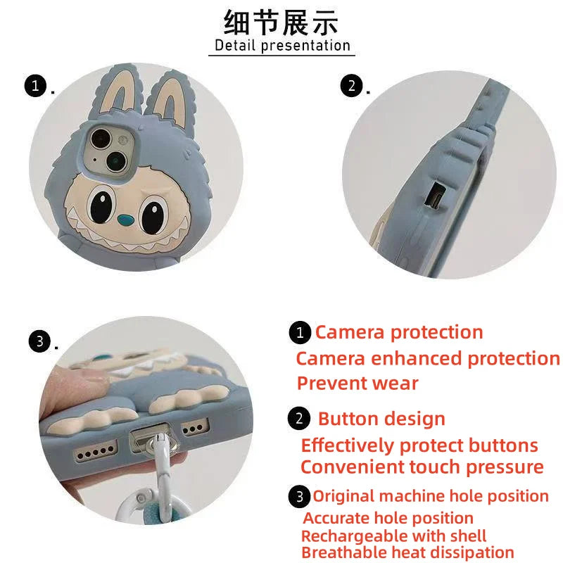 3D Cartoon Kawaii Monster Rabbit Soft Silicone Phone Case For iPhone 16 15 14 Plus 13 12 11 Pro Max 16promax With Lanyard Cover
