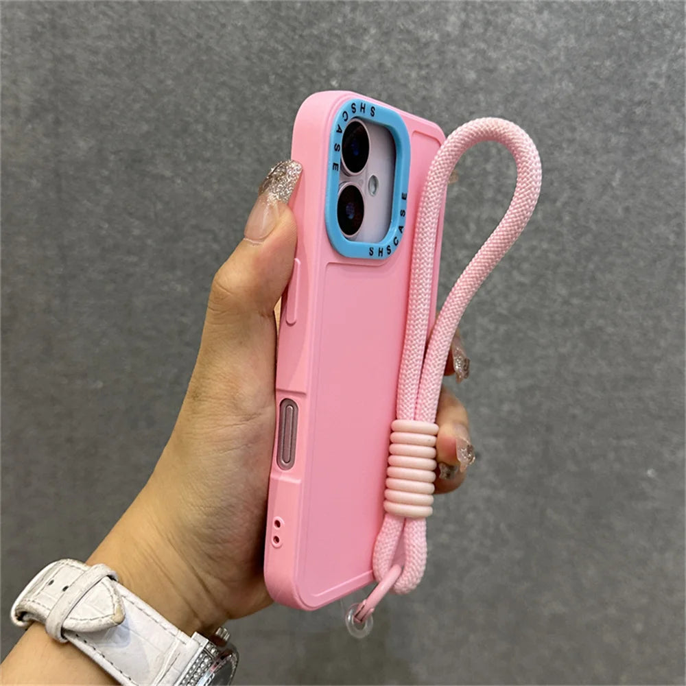Luxury Wrist Strap Bracelet Lanyard Phone Case For iPhone 15 16 Pro Max 14 13 12 11 X XR XS Collision Color Lens Protector Cover