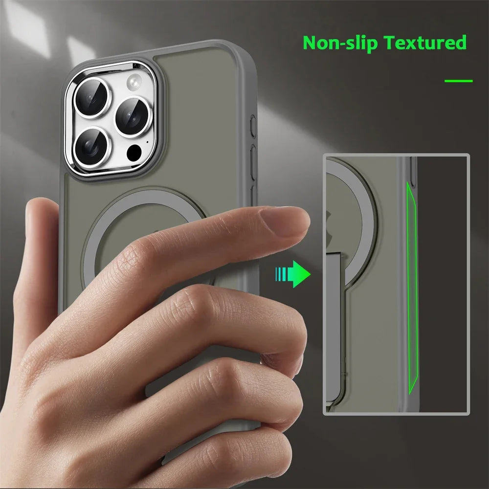 Luxury For Magsafe Folding Stand Magnetic Phone Case For iPhone 16 15 14 13 12 17 Pro Max Plus Matte Translucent Back Cover Caps