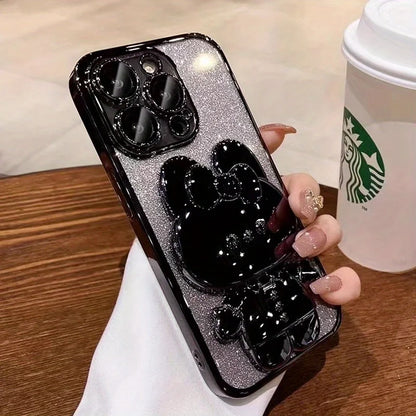 Glitter Gradient Plating Rabbit Mirror With Holder Case For iPhone 16 11 12 13 14 Plus 15 Pro Max Lens Protection Soft TPU Cover