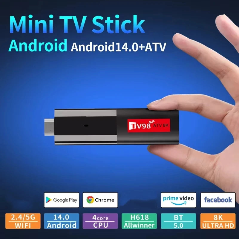 TV98 ATV Mini TV Stick Android 14 TV Stick HDR Set Top Box 8K Video WiFi 2.4/5G Streaming Smart TV Box for Network Media Player