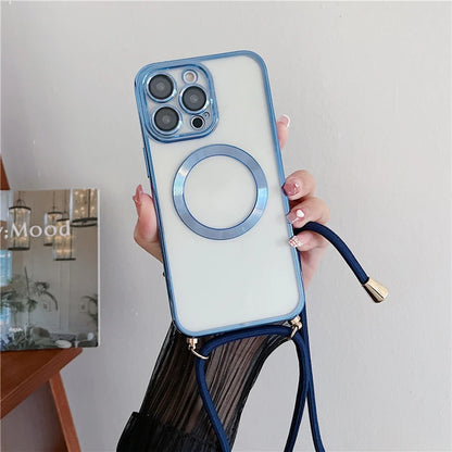 Plating Clear Magnetic For Magsafe Wireless Charging Cases For iPhone 16 15 14 17 12 13 Pro Max Crossbody Lanyard Necklace Cover