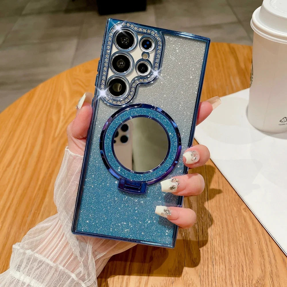 Luxury Diamond Clear Glitter Magsafe Case For Samsung Galaxy S25 S24 Ultra S23 S22 Plus Mirror Magnetic Phone Holder Stand Cover