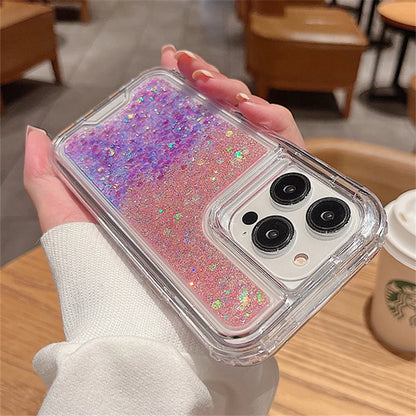 3in1 Gradient Glitter Bling Transparent Phone Case For iPhone 17 16 15 14 11 12 13 Pro Max Plus XR Heavy Shockproof Armor Cover