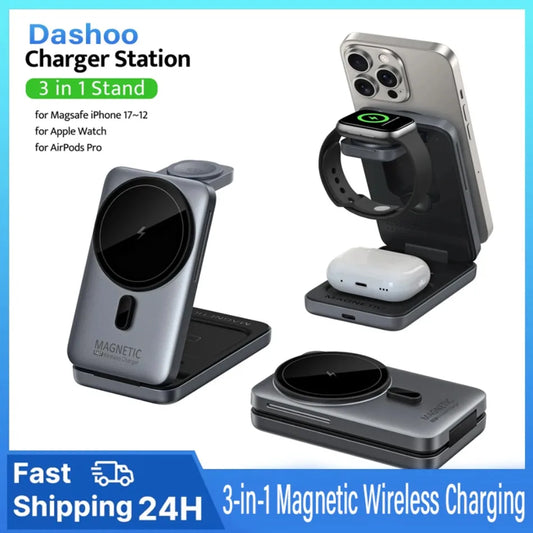 Magnetic Wireless Charger Fast Charging Station 3 In 1 Foldable Stand For iPhone17 16 15 14 13 12 Apple Watch S9 8 7 Airpods Pro