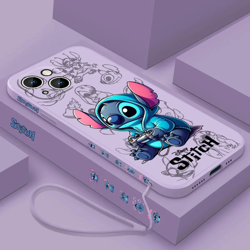 Stitch LOVE Flowers Cover For Apple iPhone 16 15 14 13 12 11 8 7 Pro mini Max Plus Liquid Left Rope Soft Phone Case
