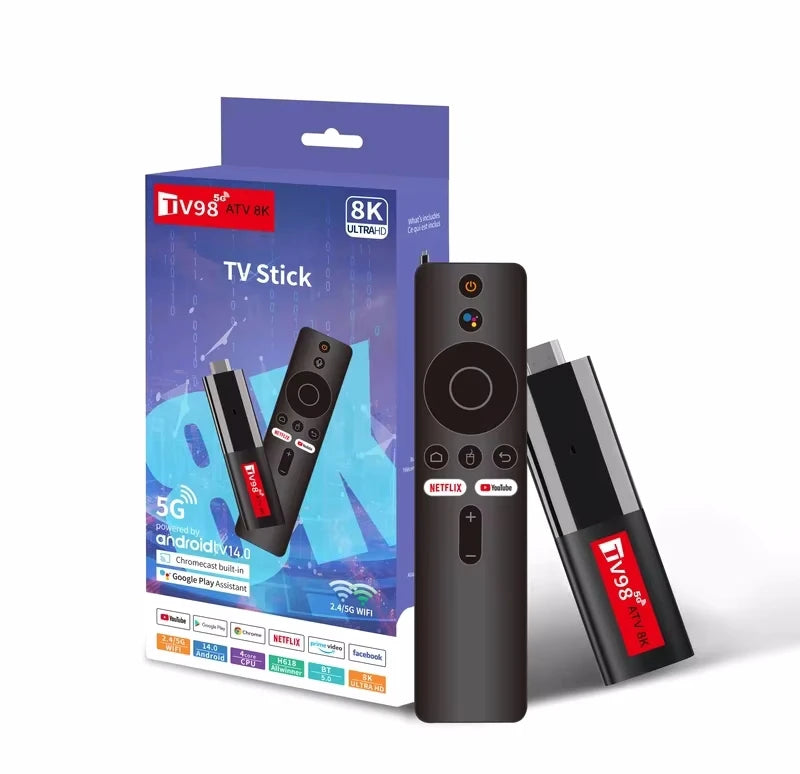TV98 ATV Mini TV Stick Android 14 TV Stick HDR Set Top Box 8K Video WiFi 2.4/5G Streaming Smart TV Box for Network Media Player