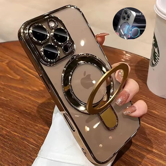 Luxury For Magsafe Bracket Case For iPhone 16 17 15 14 13 12 11 Pro Max 16 Plus Magnetic Ring Stand Holder Clear Acrylic Cover