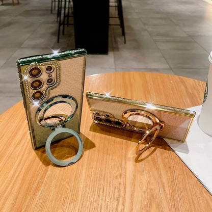 Luxury Diamond Clear Glitter Magsafe Case For Samsung Galaxy S25 S24 Ultra S23 S22 Plus Mirror Magnetic Phone Holder Stand Cover