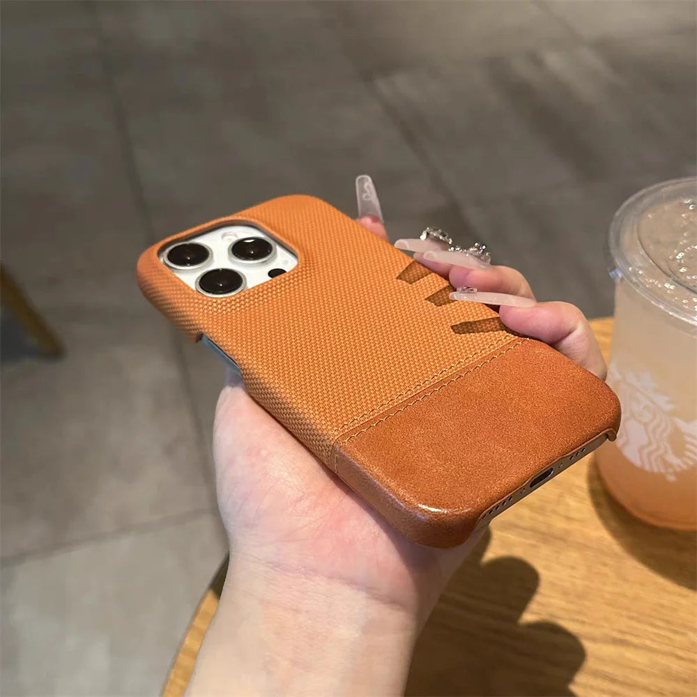 Luxury PU Leather Sew On Nylon Fabric Case For iPhone 16 15 14 13 12 Pro Max Plus Frameless Breathable Non-slip Shockproof Cover