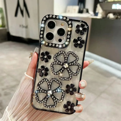Glitter Diamond Flower Plating Case for iPhone 16 15 14 Pro Max 12 13 11 X Xr Xs 7 8 Plus Bling Rhinestone Soft TPU Clear Cover