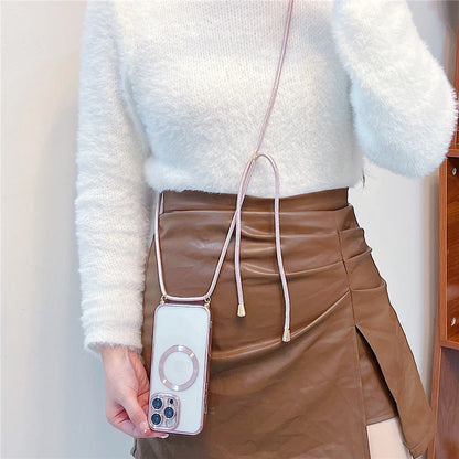 Plating Clear Magnetic For Magsafe Wireless Charging Cases For iPhone 16 15 14 17 12 13 Pro Max Crossbody Lanyard Necklace Cover