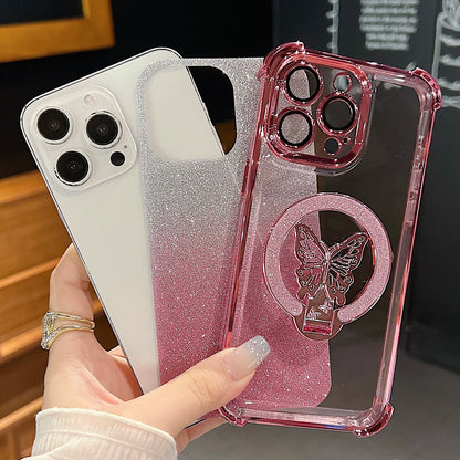 Luxury Butterfly Glitter Holder With Lens Film Phone Case For iPhone 11 12 13 14 15 16 Pro Max Plus Four Corner Anti Fall Cover