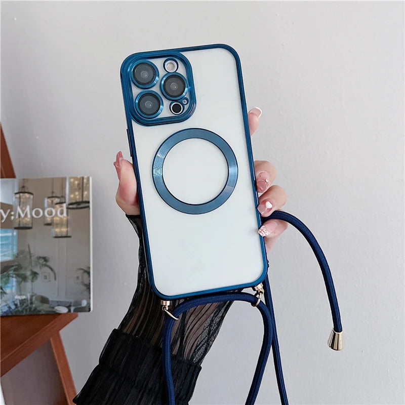 Plating Clear Magnetic For Magsafe Wireless Charging Cases For iPhone 16 15 14 17 12 13 Pro Max Crossbody Lanyard Necklace Cover