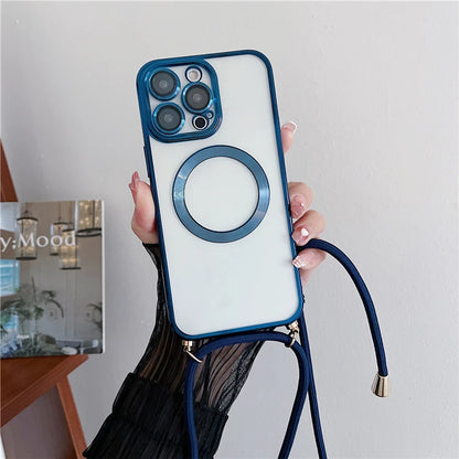 Plating Clear Magnetic For Magsafe Wireless Charging Cases For iPhone 16 15 14 17 12 13 Pro Max Crossbody Lanyard Necklace Cover