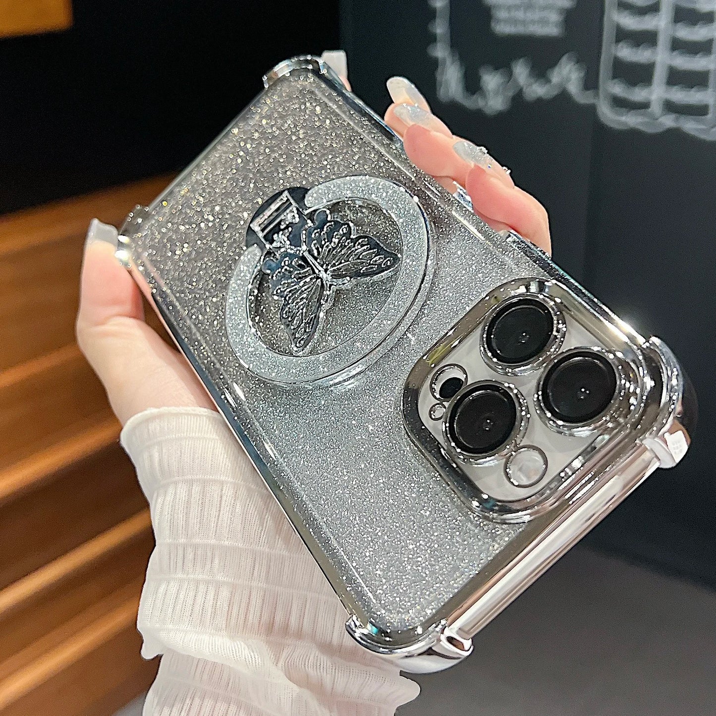 Luxury Butterfly Glitter Holder With Lens Film Phone Case For iPhone 11 12 13 14 15 16 Pro Max Plus Four Corner Anti Fall Cover