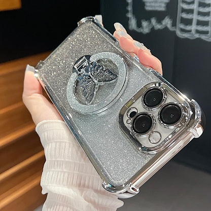 Luxury Butterfly Glitter Holder With Lens Film Phone Case For iPhone 11 12 13 14 15 16 Pro Max Plus Four Corner Anti Fall Cover