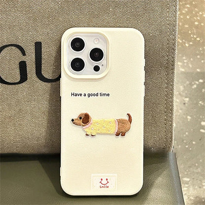 Korean Cute Cartoon Dachshund Litchi Pattern Phone Case For iPhone 15 14 13 12 16 Pro Max 11 Lovely Shockproof Soft Cover Funda
