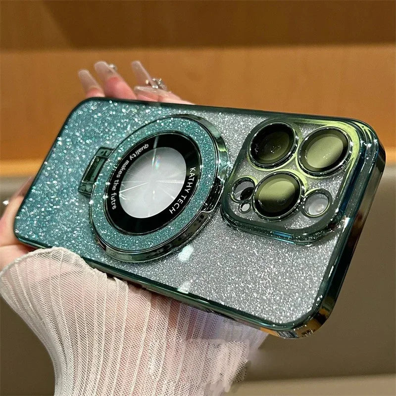 Glitter for Magsafe Bracket Case for iPhone 15 14 13 12 16 17 Pro Max 17 Air 11 16 Plus Magnetic Stand Holder Gradient Cover