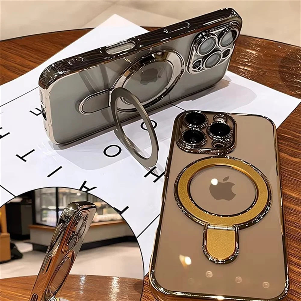 Luxury For Magsafe Bracket Case For iPhone 16 17 15 14 13 12 11 Pro Max 16 Plus Magnetic Ring Stand Holder Clear Acrylic Cover