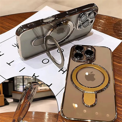 Luxury For Magsafe Bracket Case For iPhone 16 17 15 14 13 12 11 Pro Max 16 Plus Magnetic Ring Stand Holder Clear Acrylic Cover